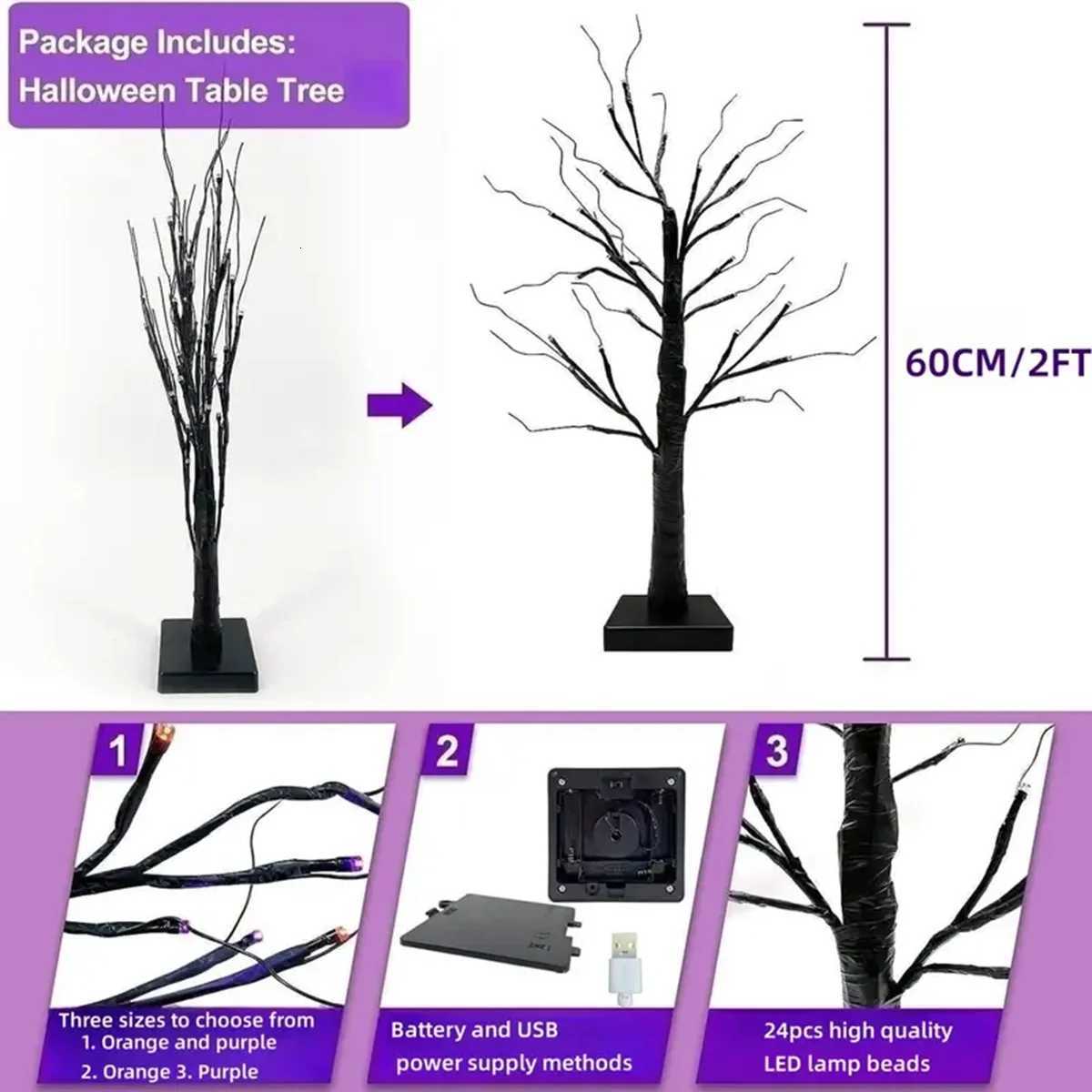 1pc 24 LED Orange And Purple Lighted Halloween Artificial Birch Tree Light DIY Black Branches Lights Tabletop Halloween Spooky W251107