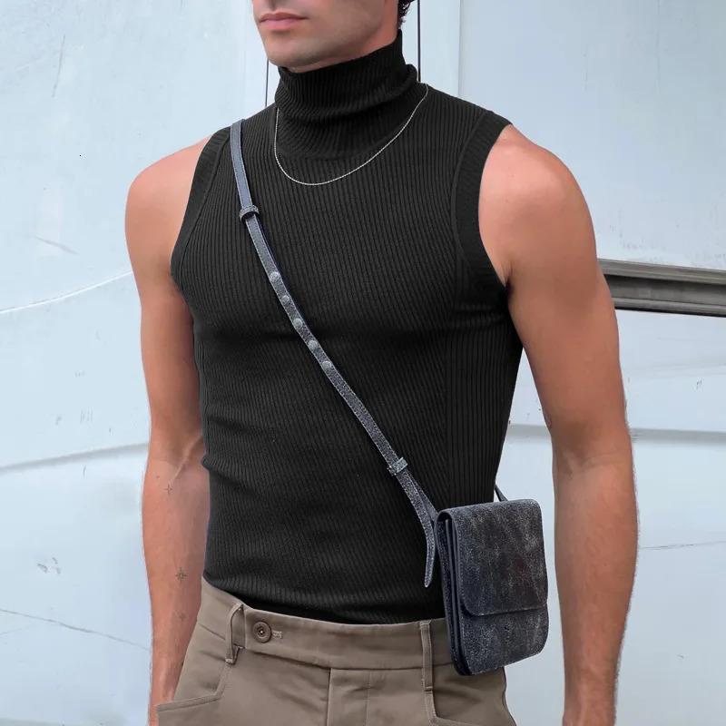 Mens sexy tight solid color vest top high neck sleeveless gym casual vest party basic shirt S-3XL 250403