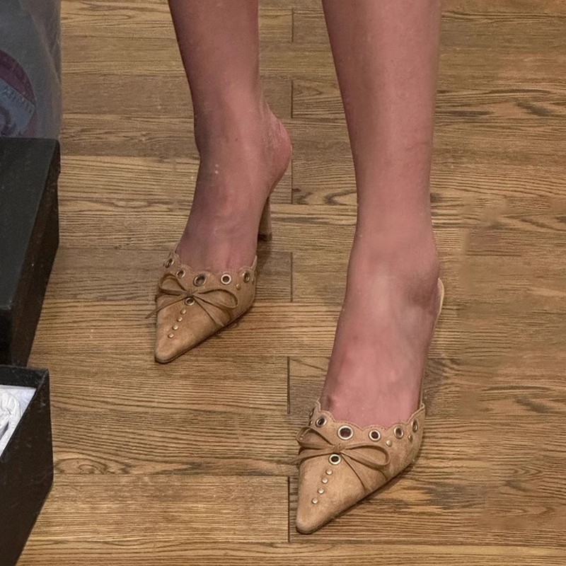 Women Bow Tie Heeled Mules Studs Pumps Pointy Kitten Heel Dress Heels Pointed Toe Dress Trendy Elegant Office Lady Shoes 250228