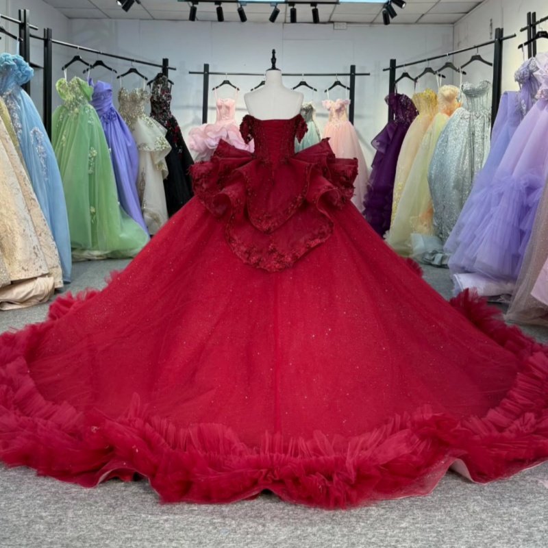 Red Shiny Princess Quinceanera Dresses Off Shoulder Applique Flower Beads Tiered Tull Sweet 16 Dress Ball Gown Vestidos 15 Anos