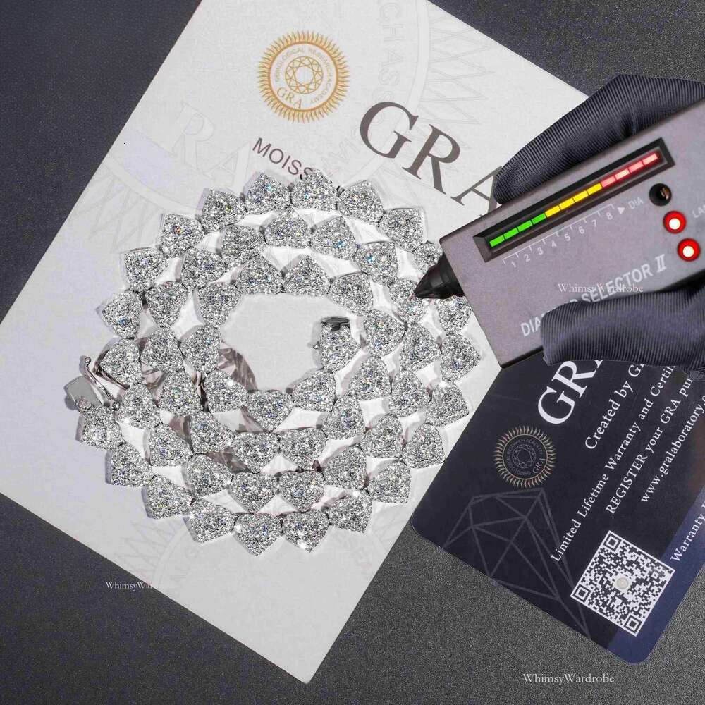 Moissanite Cluster Chain Sier Fashion Hiphop Necklace 8mm Heart Shape Lab Dia Tennis Necklaces for Men Women