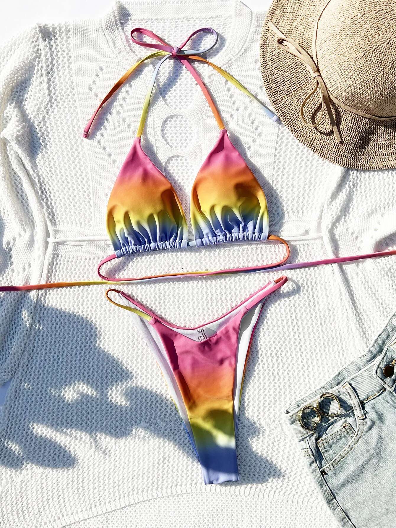 Dongdumaoyi Sexy Pink Gradient Bikini Set Mujer Women Colorful Push Up Bandage Criss Corss Micro Swimsuit Bathing Suit Thong Swimwear
