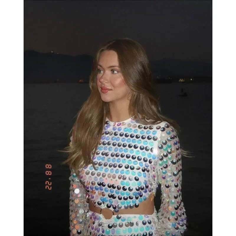 2025 Spring Summer New Fashion Solid Color Sequined Flare Sleeve Women's Sexy O-Neck Irregular Mini Dress