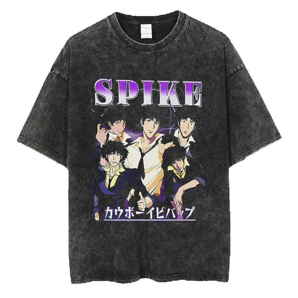 Anime hot denim Bebop pattern printed for men and women classic street Haruku men's top washed cotton cartoon T-shirt