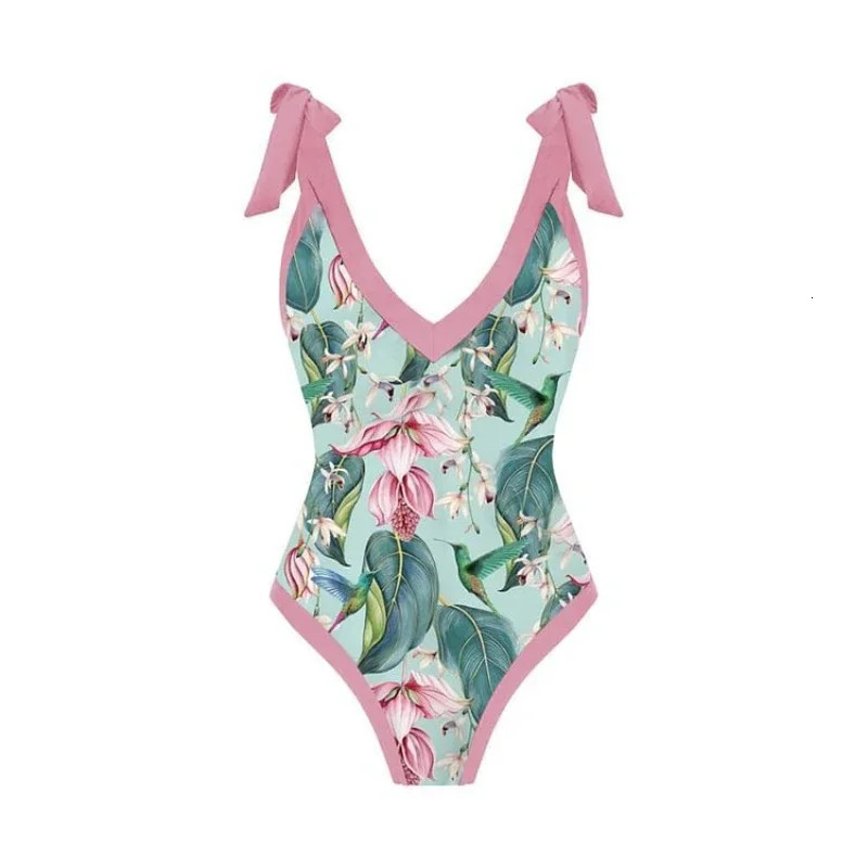 Green suspension ruffled swimsuit high waist onepiece cut bikini and pink chiffon elegant suitable for women 250313