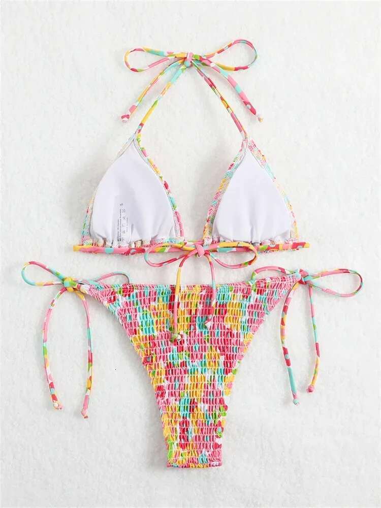 Dongdumaoyi Sexy Micro Bikini Women Pink Floral Print Pleate Tie Side Triangle Swimsuit Brazilian Halter Push Up Bathing Suit Swimwear