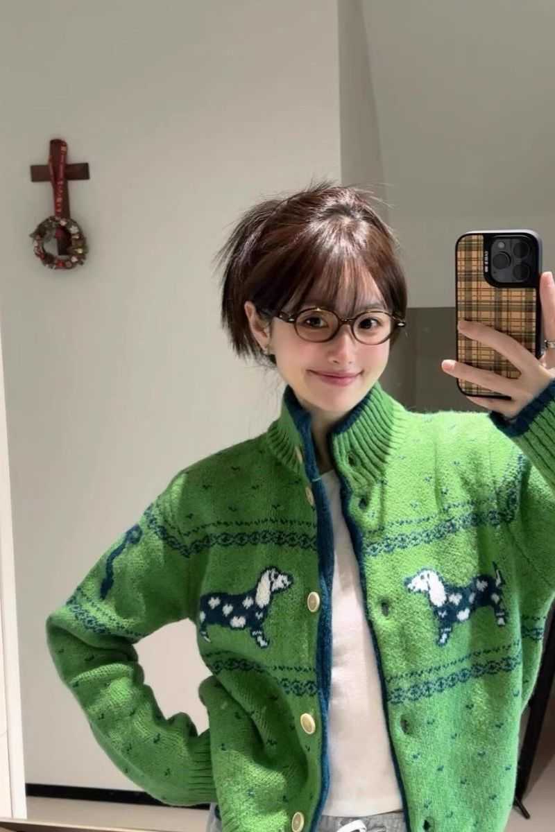 Christmas Green Sweater for Women 2025 Spring and Autumn Fair Isle Atmosphere Outfit Knitted Cardigan Coat W251107