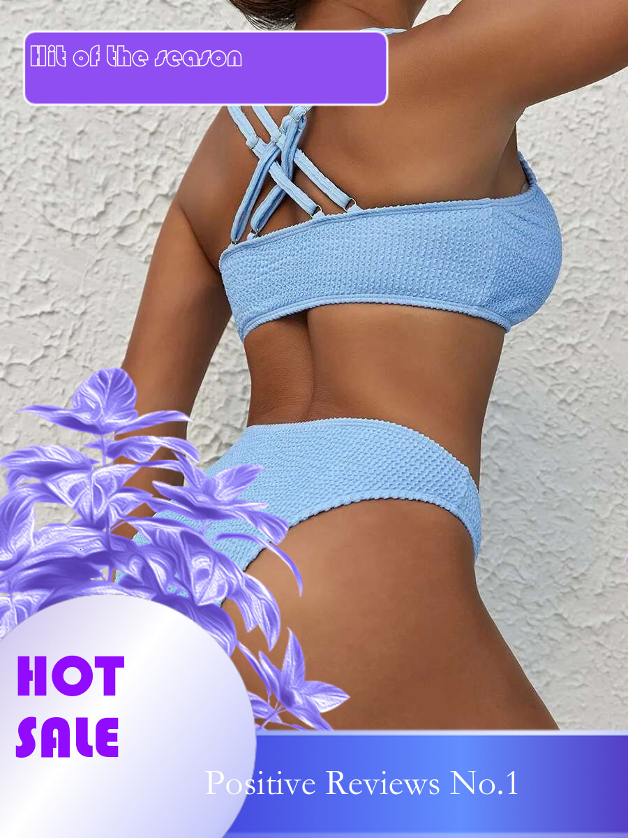 Dongdumaoyi Sexy High Waist Bikinis Sets Women Solid Sky Blue Ribbed Push Up Two Piece Swimsuit Beach Bathing Suit Swimwear Biquini