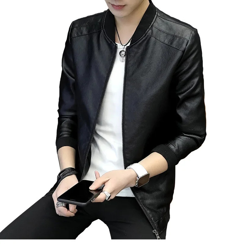 Cross border solid color stand up collar mens leather jacket Spring and Autumn casual plus size youth PU Fashion Me 250313