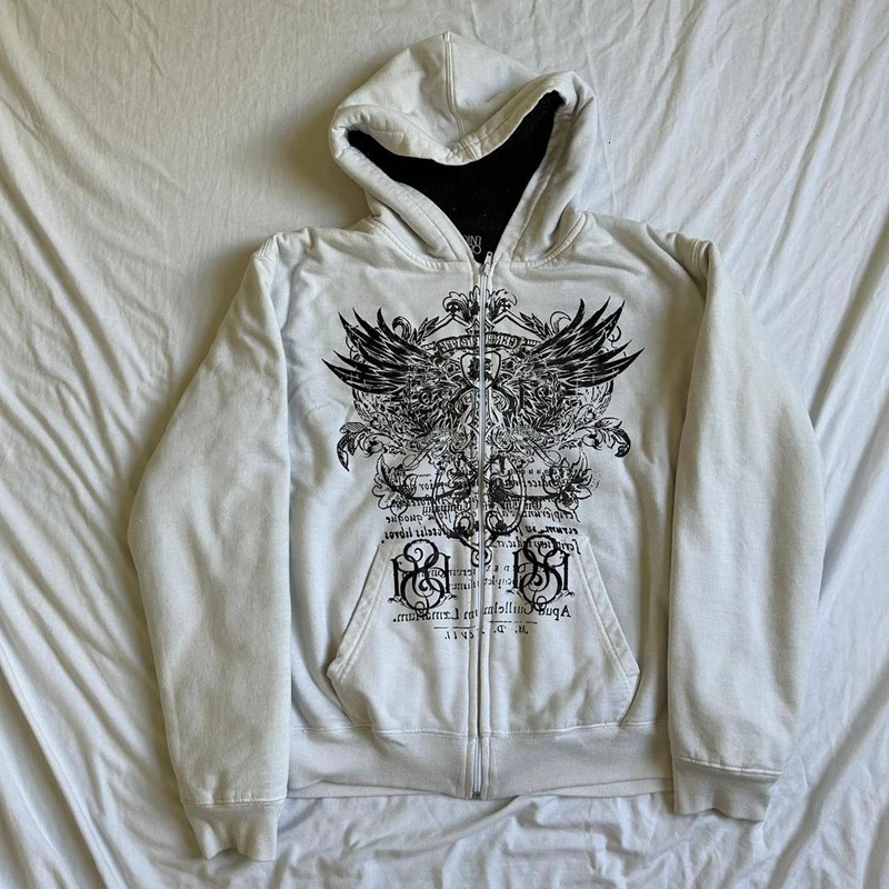 Imcut Wing Print Mall Gothic Retro Hoodie Y2K Grunge Graphic Long Sleeve Harajuku Japanese Aesthetic Womens Sweatshirt 250403