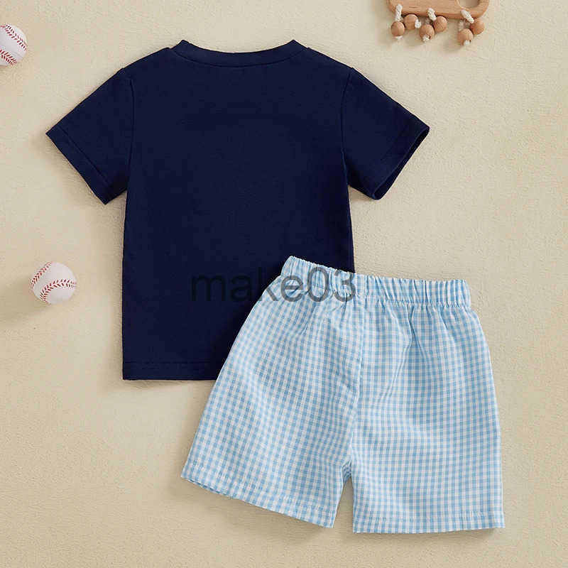 Boys 2-piece set with embroidered baseball T-shirt and checkered shorts elastic waistband short sleeved top J250403