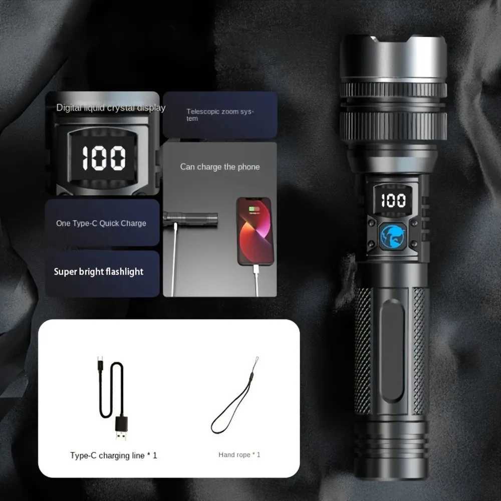High Strong Power Led Flashlights 2000LM Tactical Torch with Display Light USB Charging Camping Fishing Emergency Zoom LanternW251106