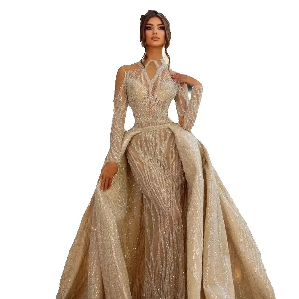 Sparkling High Neck Tulle Crystals Wedding Dress Illusion Sleeve Beaded Customized Bridal Gown With Detachable Train Vestido De Novia