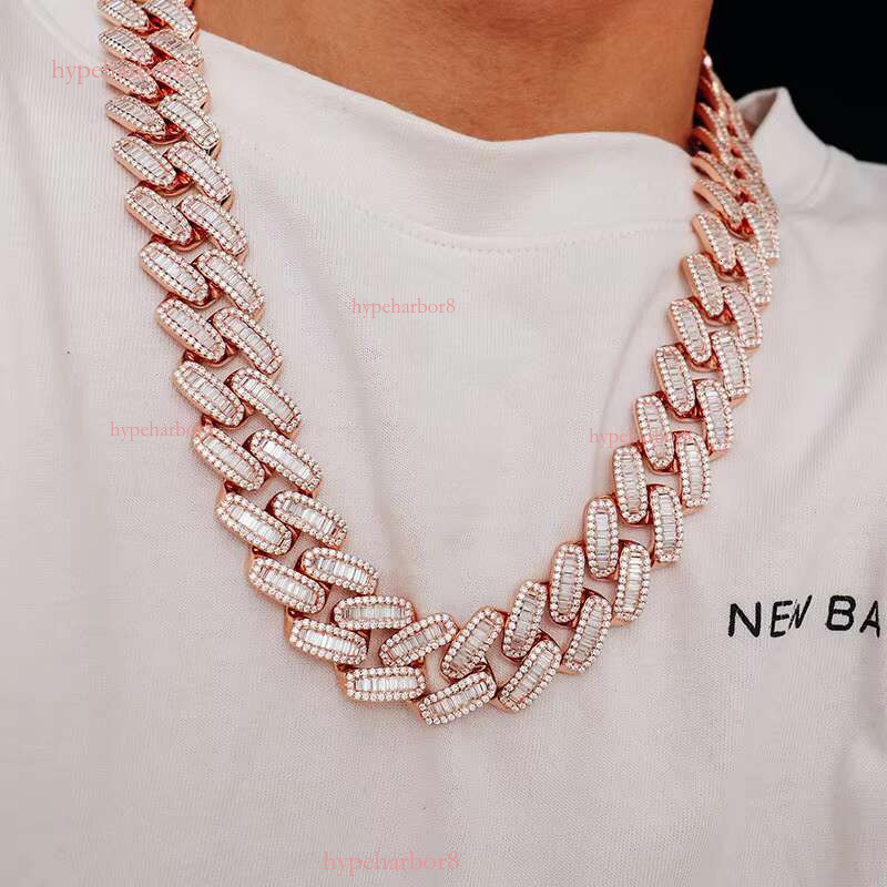 Hip Hop Rose Gold Plated Pure Sier Miami Heavy Long Stick Bread Iced VVS Mosan Stone Cuban Chain Necklace