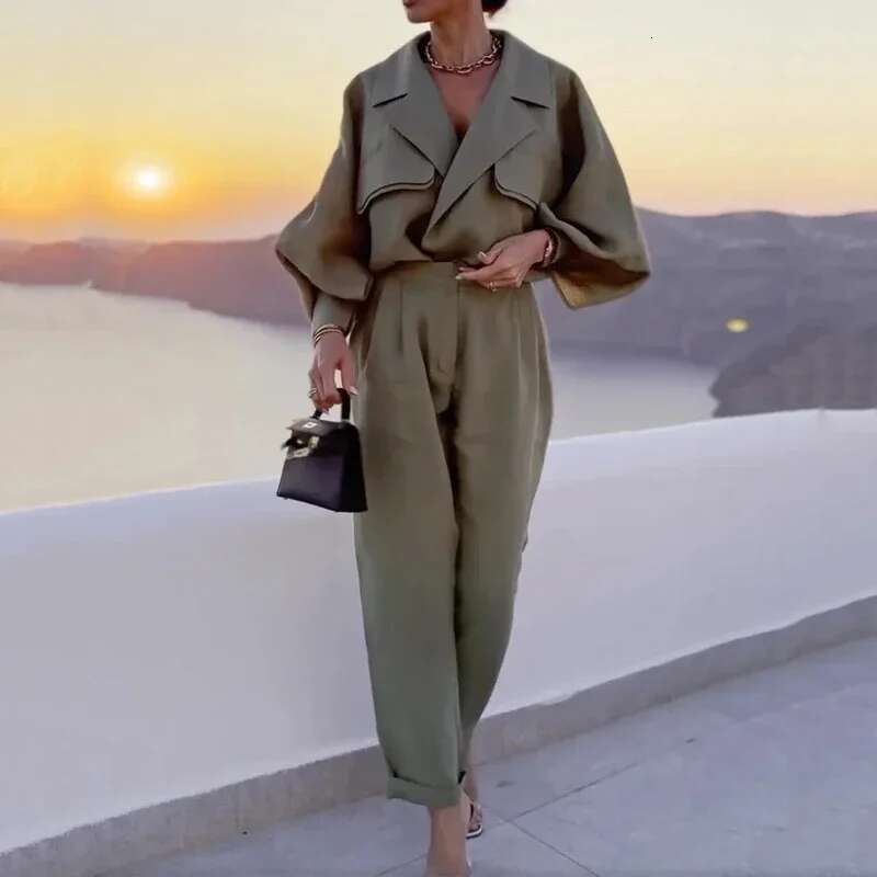 Women Two Piece Set Autumn Office Fashion Solid Lapel V Neck Long Lantern Sleeve Shirt Top Loose Pants Sets Streetwear