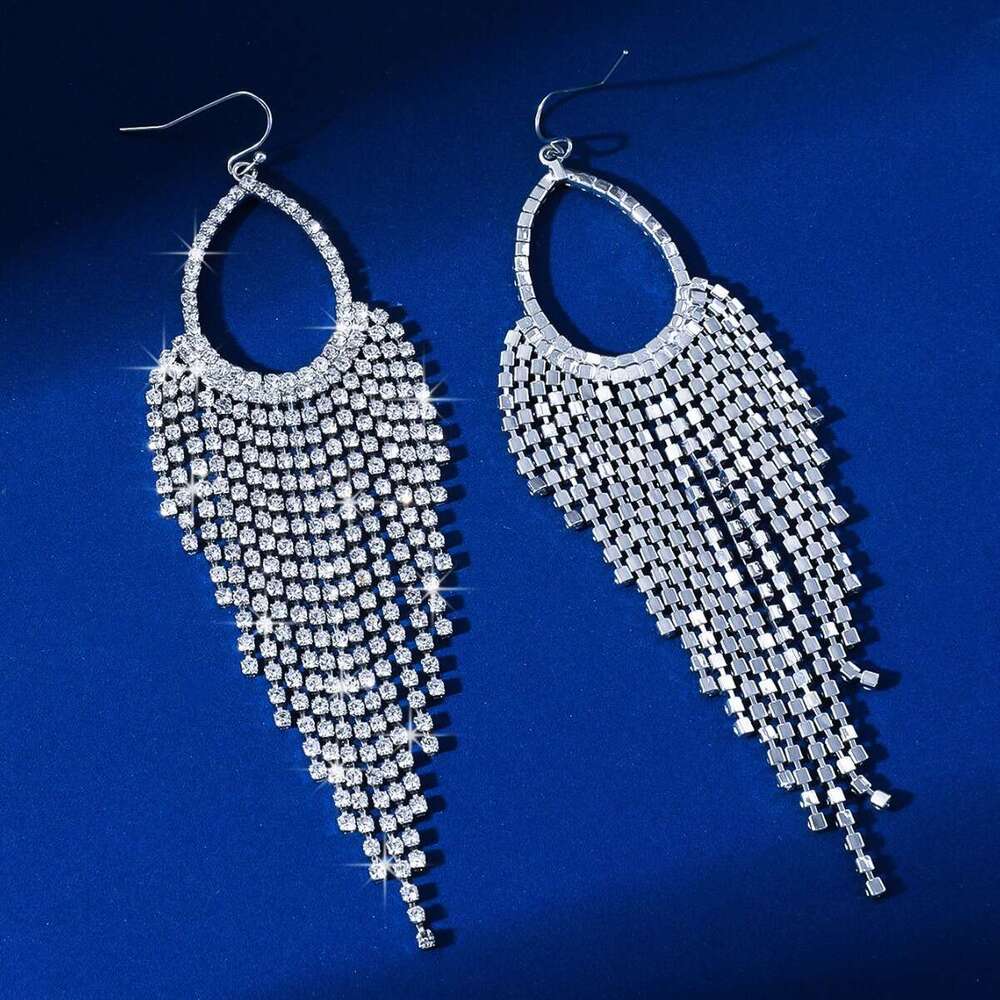 New Korean Super Flash High Grade Dia Claw Chain hot with Atmospheric Water Drop Style Exaggerated Bridal tassel Earrings