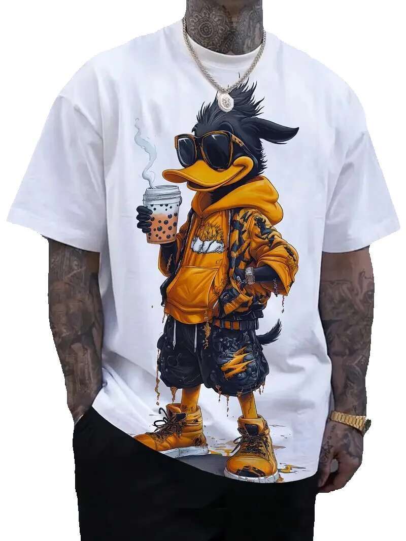 Men's short sleeved T-shirt, humorous and casual, cartoon duck print, fashionable sweater, oversized jacket, summer