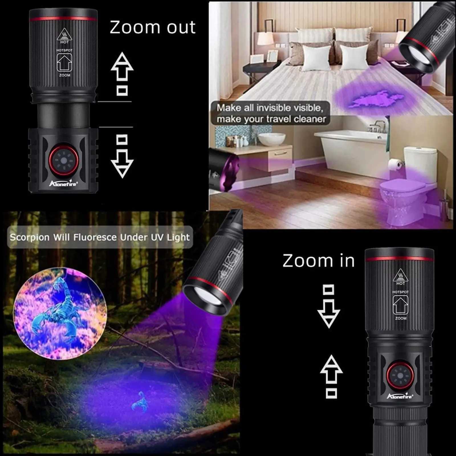 Zoom 20W LED High Power UV Flashlight 365/395nm Invisible Ink Marker Cat Dog Urine Tinea Ore Money Scorpion Fluorescence LightW251106