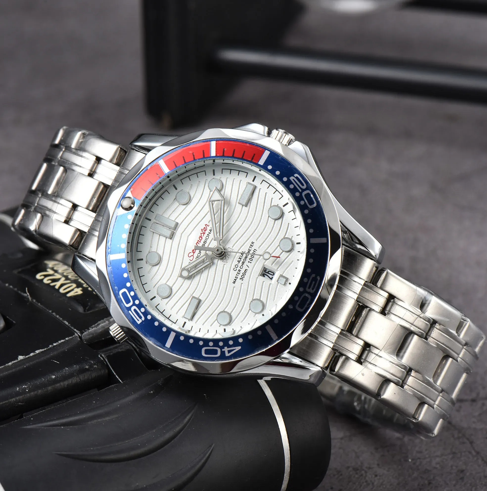 Multifunction men's watches automatic date quartz movement watch ceramic bezel business fashion mens watches 300 full stainless steel strap luminous sea master