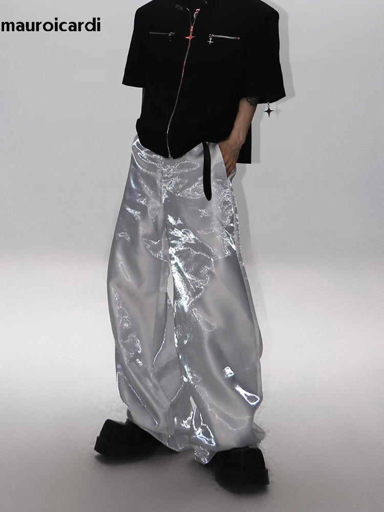 Mauroicardi autumn loose casual shiny wide leg pants mens luxury designer Y2K streetwear floor length Trousers 250403