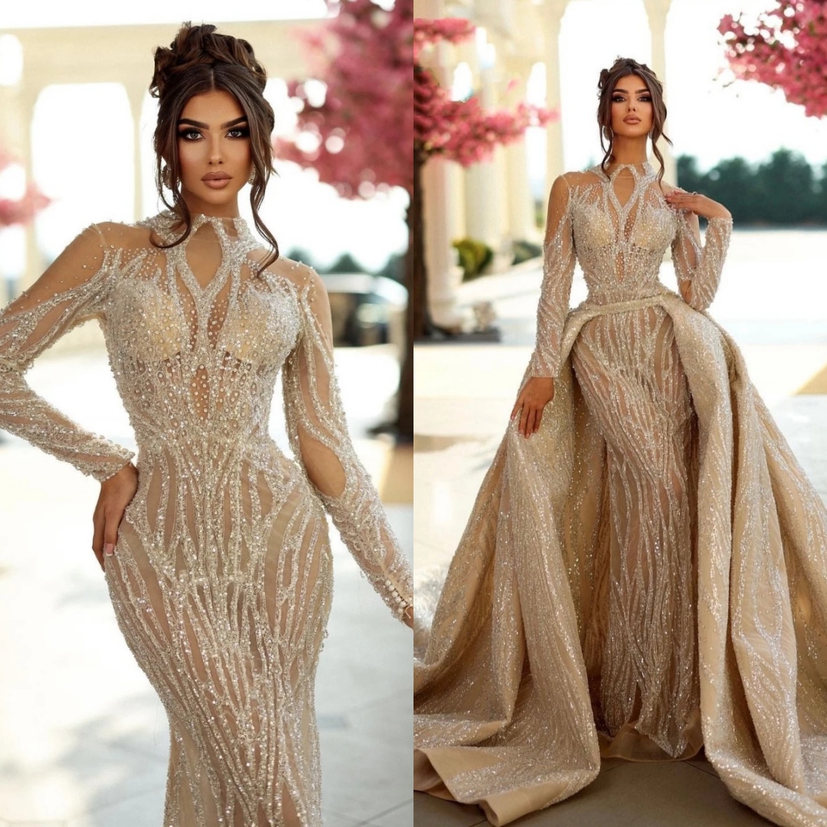 Sparkling High Neck Tulle Crystals Wedding Dress Illusion Sleeve Beaded Customized Bridal Gown With Detachable Train Vestido De Novia