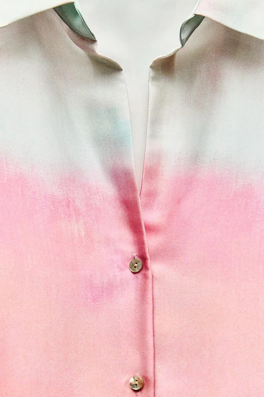 ZBZA Womens Tie Dye Printed Shirt and Pants Set Flip Collar Long Sleeve Satin High Waist Wide Leg Silk Autumn 250313