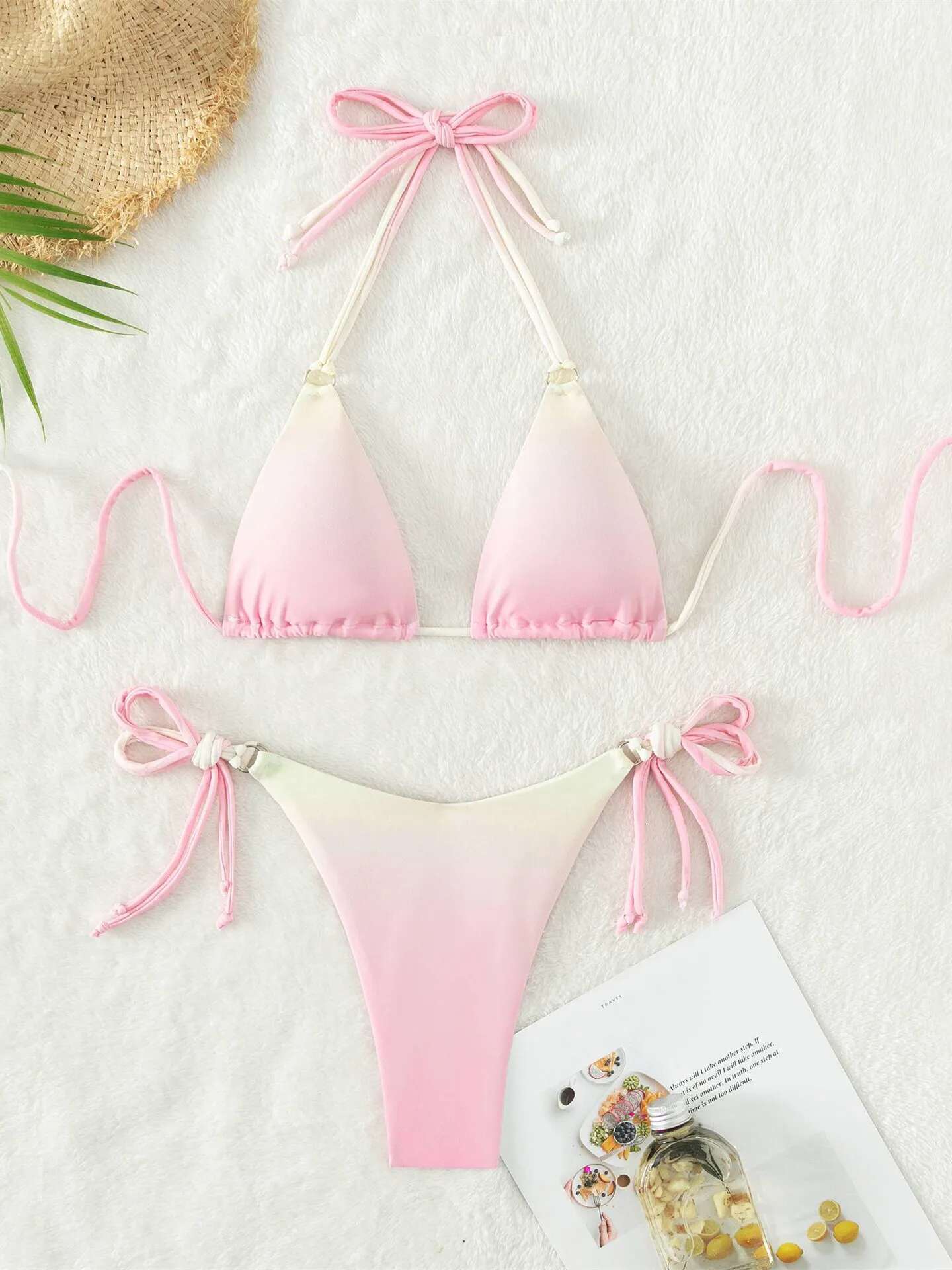 Dongdumaoyi Sexy Micro Bikini Women Pink Gradient Push Up Bikinis Sets Biquini Ribbed Bathing Suit Tie Side Triangle Swimwear Beachwear