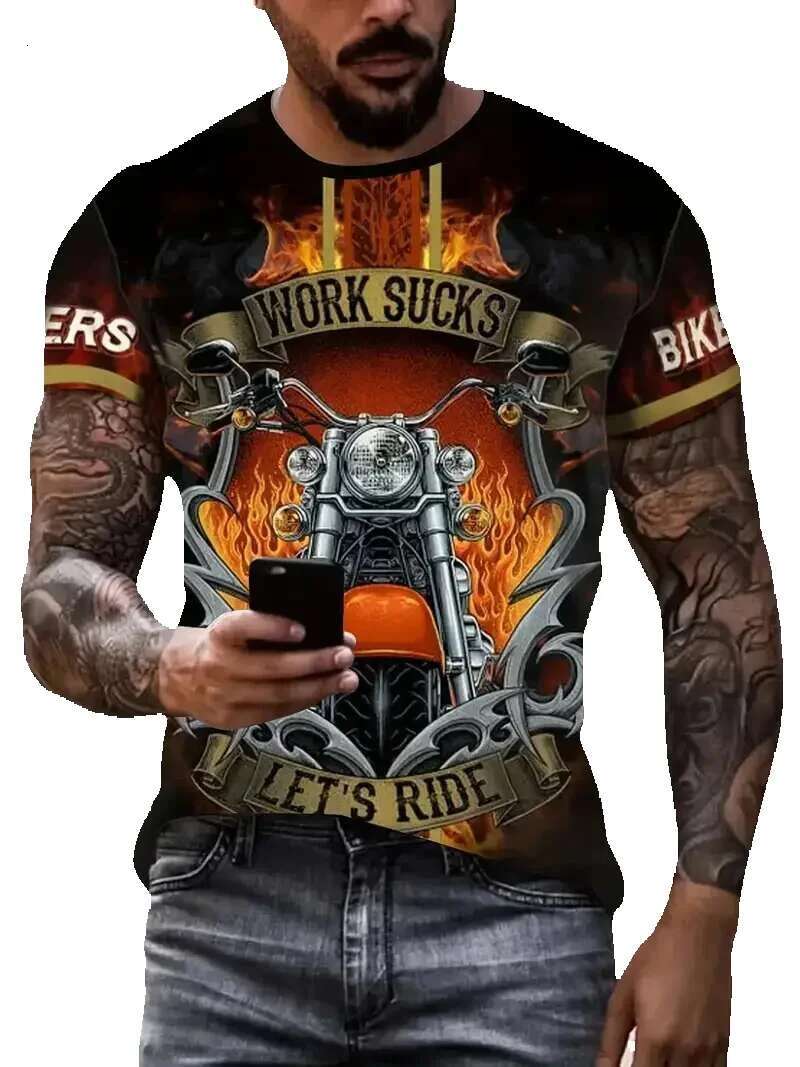 Men's 3D printed short sleeved T-shirt, round neck top, retro fashion, motorcycle pattern, breathable street trend, new, 2024