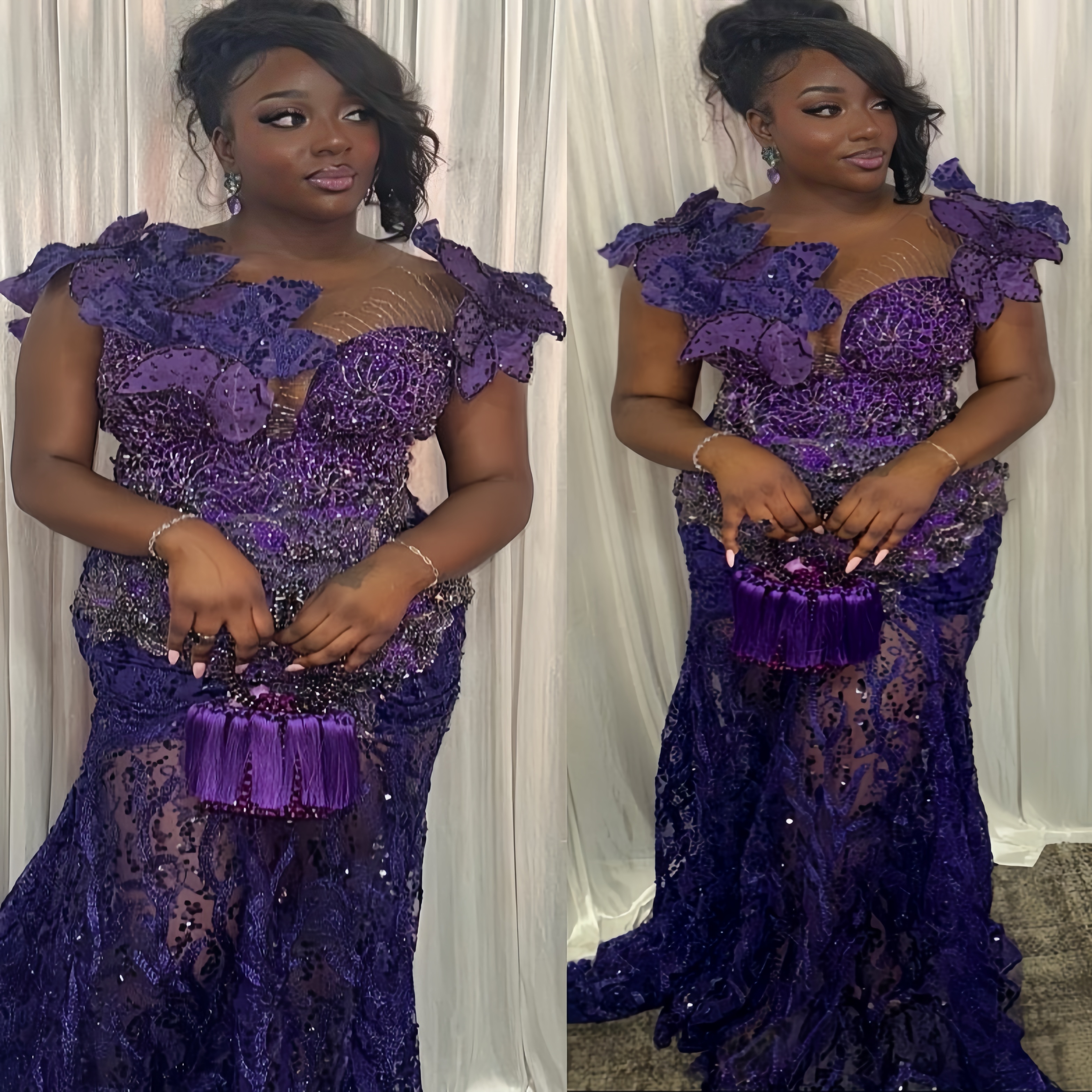 Mermaid Purple Royal Blue Prom Dresses 2026 Flowers Beaded Sheer Neck Evening Formal Party Second Birthday Engagement Gowns Plus Size Dress For Specia