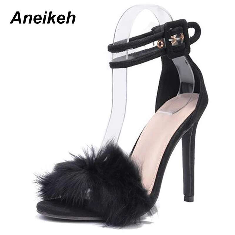 Aneikeh Women High Heels Footwear Fur Ankle Strap Gladiator Sandals Female Wedding Sexy Shoes Stiletto D-88-5#