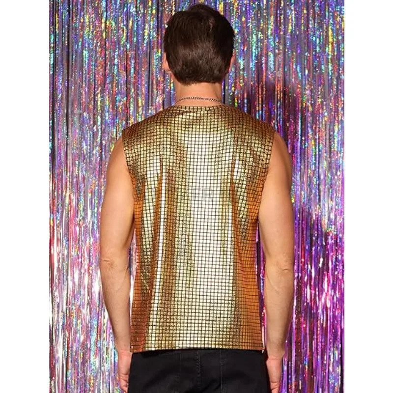 Mens O-neck sleeveless party club shiny vest party night out sleeveless shirt hip-hop dance club costume 250402