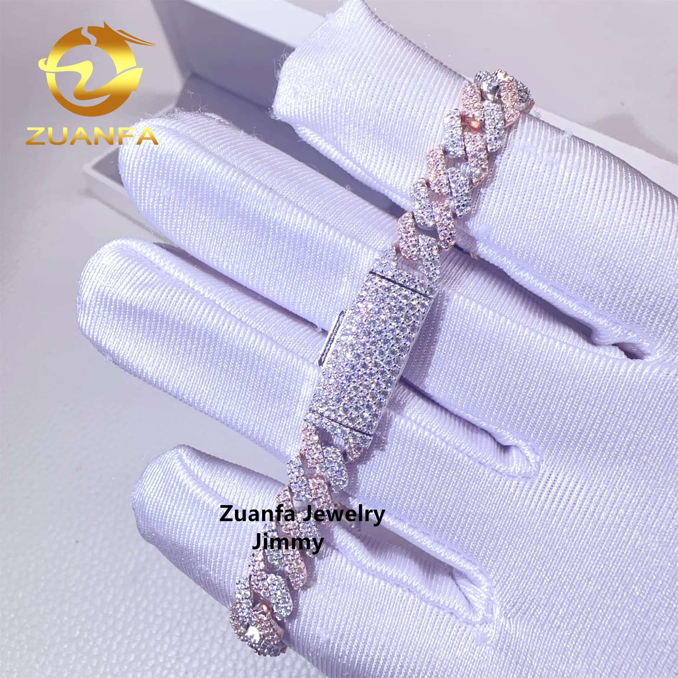 Two Tone Color 8mm 2 Rows 925 Solid Silver Iced Out Hip Hop Jewelry VVS1 Moissanite Diamond Cuban Link Chain Bracelet Men