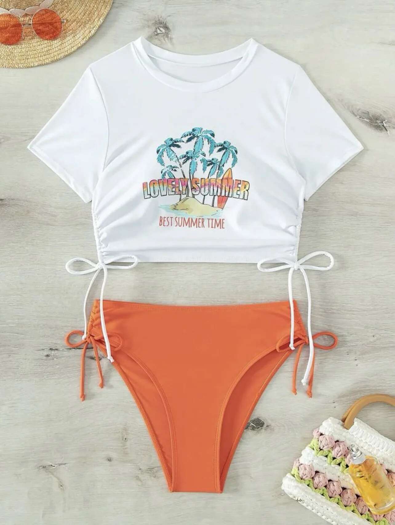 Dongdumaoyi Sexy Maple Letter Print Bikini Set Women Short Sleeve Push Up Pleate Drawstring High Waist Swimsuit Bathing Suit Swimwear