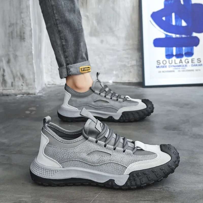 Outdoor Hiking Anti-slip Platform Men Sneakers Retro Leather Jogging Fashion Wear-resistant Trekking Shoes Male