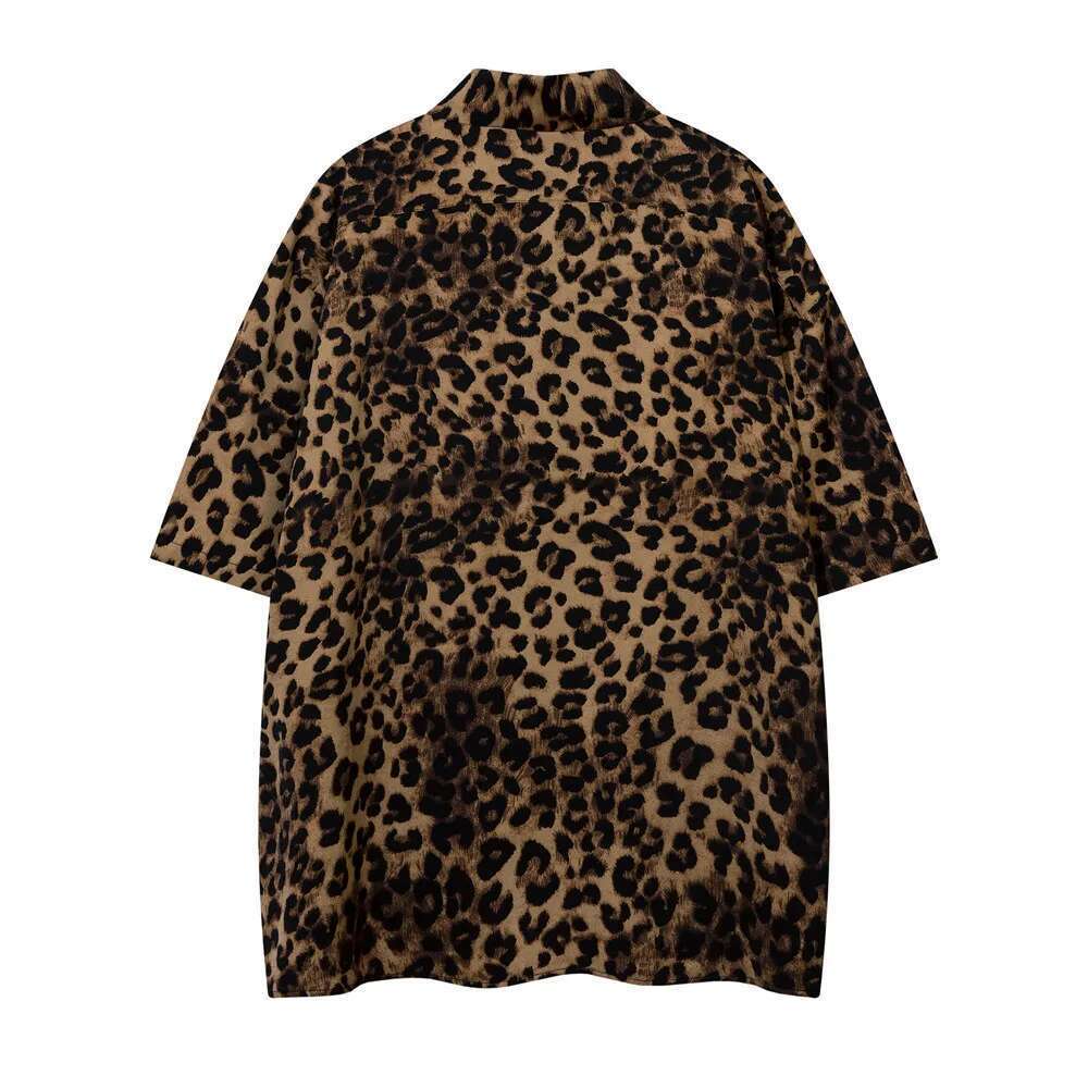 Leopard Print Short Sleeve Cotton Tee Mens Summer High Street Loose Lapel Single Breasted Half-Sleeve Tshirt Men