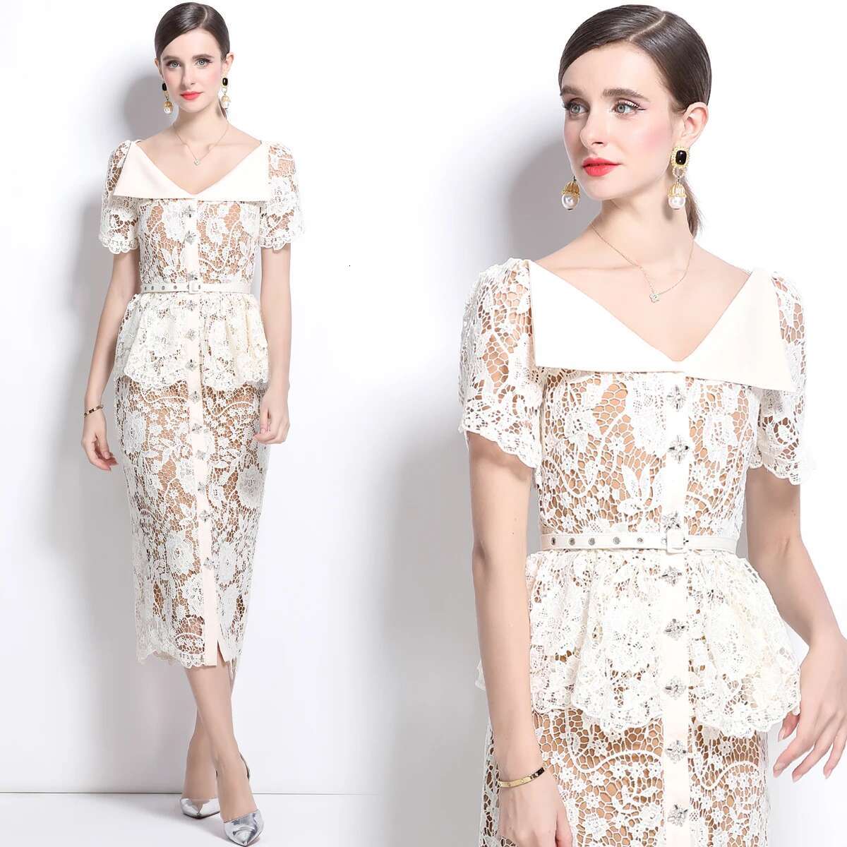 Quality Summer Beaded Dias Embroidery Beige White Lace Evening Dress Women Short Sleeve Ruffle Peplum Midi Prom Dresses Long