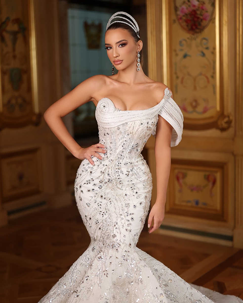 New Mermaid Wedding Dresses Elegant Ball Gown Bride Dress Crystal Lace Bridal Gown Detachable Train Robe De Vestido HOT SALE Customized Plue Size H254