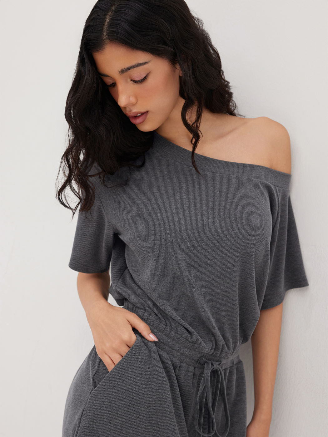 Women's Asymmetrical Off-shoulder Knit Mini Dress with Drawstring Elastic Waist For Daily Casual