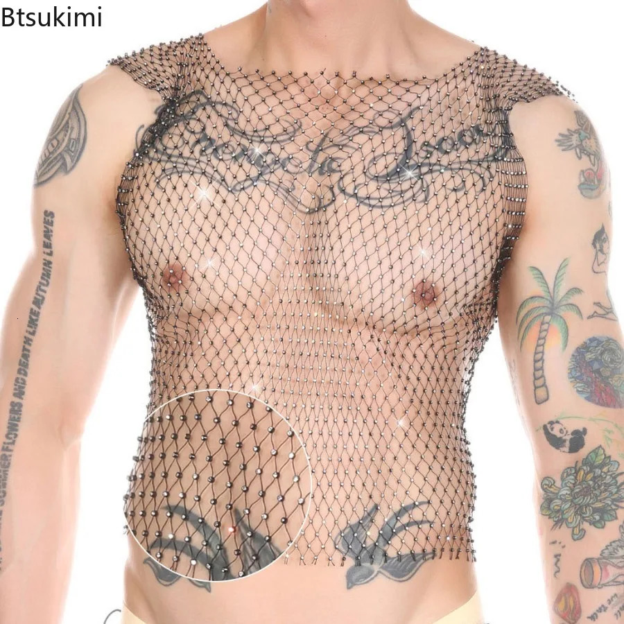 Sexy See Through Mesh T-shirt for Men Sparkling Diamond Fish Net Hollow Fish Tank Top Mens Carnival Party Nightclub Top 250402