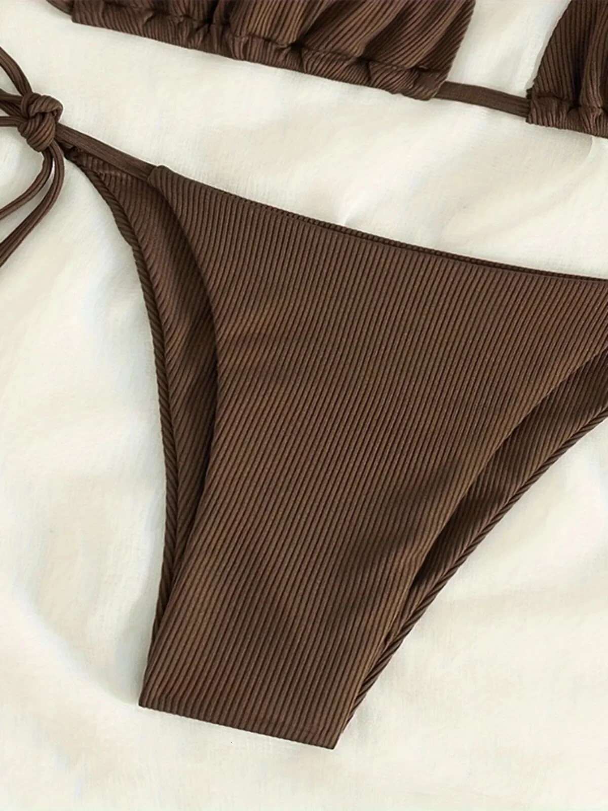 Dongdumaoyi Deep Brown Two Piece Swimsuit For Women Sexy V Neck Suspender Backless Bikini Set Low Waist Thong Beach Swimwear Bathing Suit