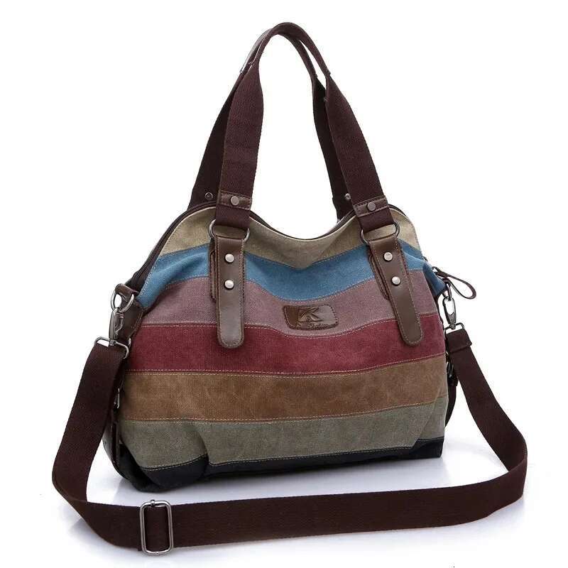 Canvas Women Handbag Striped Patchwork Shoulder Bag Famous Brand Handbags Large Tote Messenger Crossbody Rainbow S Xa274c