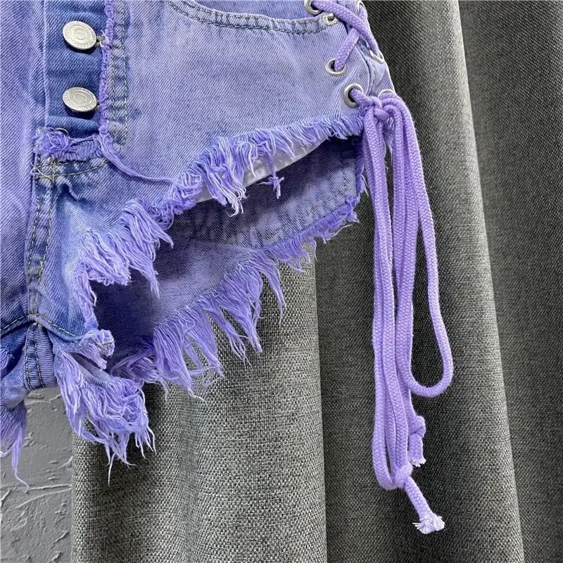 Summer Womens Purple Shorts Fashion Sexy Low Rise Single Breasted A-line Denim Shorts With Strap Pants Female 250407