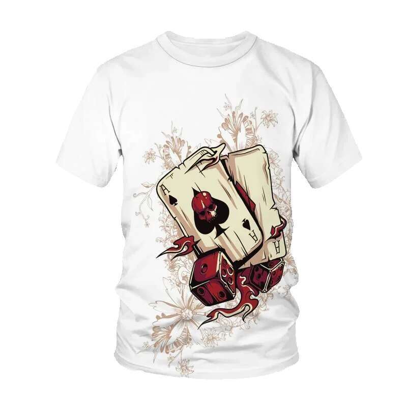 Men's short sleeved round neck T-shirt, fashionable streetwear, 3D printed cards and flowers