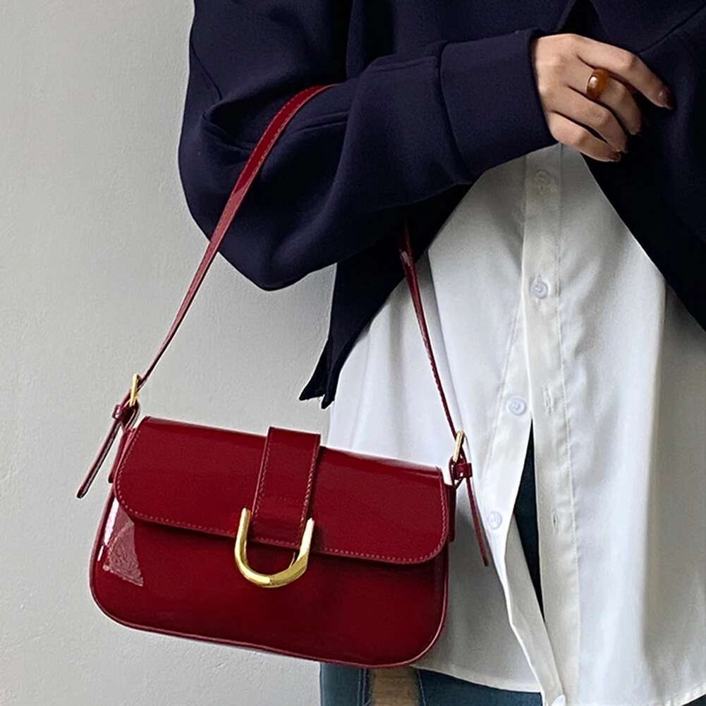 Retro Patent Leather Shoulder For Women Flap Solid Color Underarm Red Crossbody Bag Lady Handbag