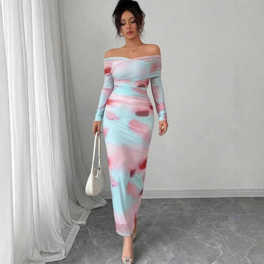 2025 Early Autumn New Sleeve Printed Off-Shoulder Slim Fit Elegant Long Dress for Women