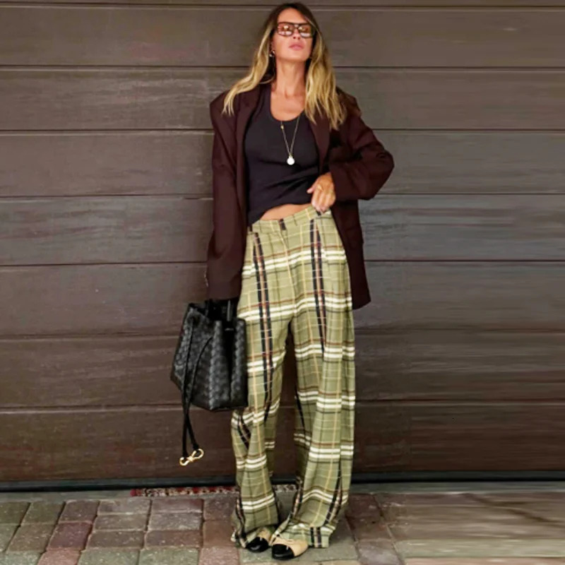 HXAO Plaid Baggy Pants Womens Pants Autumn 2025 Ladies Fashion Oversize High Waist Trousers Elegant Wide Leg Street Wear Pants251103