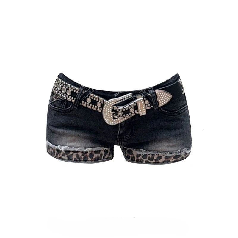 Women Emo Y2K Korean Streetwear Leopard Print Denim Mini Acubi Shorts Button Sexy Low Rise Short Trousers 2000s Alt Clothes 250407