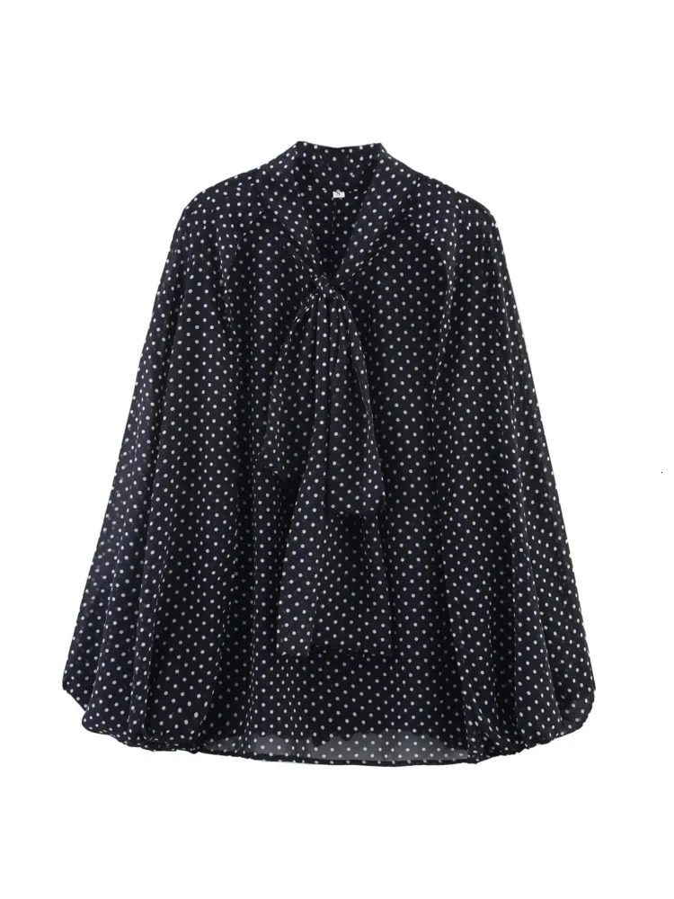 Open top shirt with tie womens casual Vneck lightweight polka dot long sleeved and blouse 250407