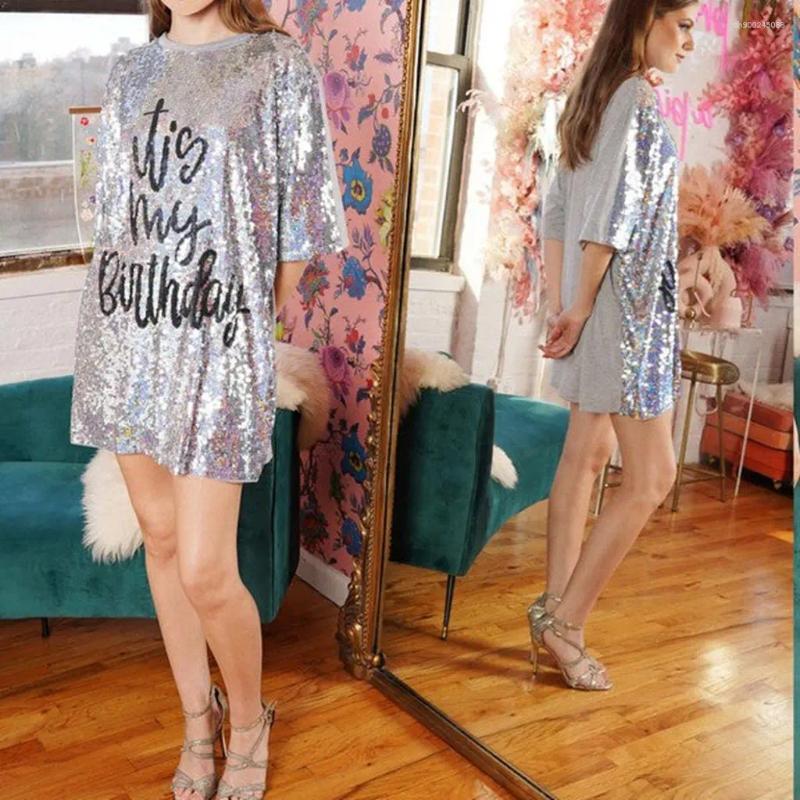 Women's T Shirts Combhasaki Women Glitter Sequined Loose Fit T-Shirt Dress Short Sleeve Round Neck Letter Print Oversized Tops Party