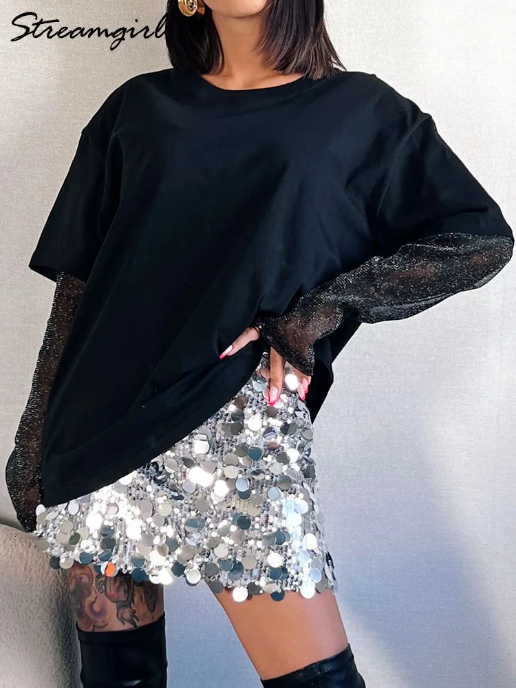 Bright Mesh Oversized Womens Long Sleeve Summer Silk Sunscreen Top Loose Sleeves Black Tshirt 250407